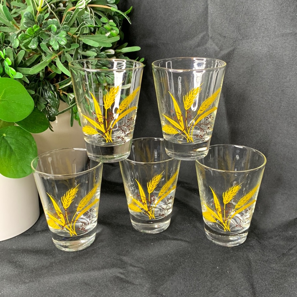 Set of 5 vintage Homer Laughlin AUTUMN GOLD wheat pattern lowball /rocks glasses